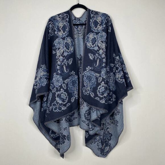 2/$24 NEW Boho Floral Ruana Oversized Open Wrap Poncho Blanket Scarf - Picture 3 of 9